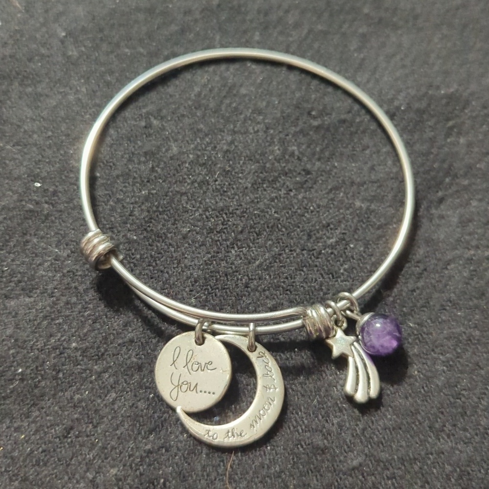 Silver Tone I Love You to the Moon and Back Amethyst Bead Expandable Bangle